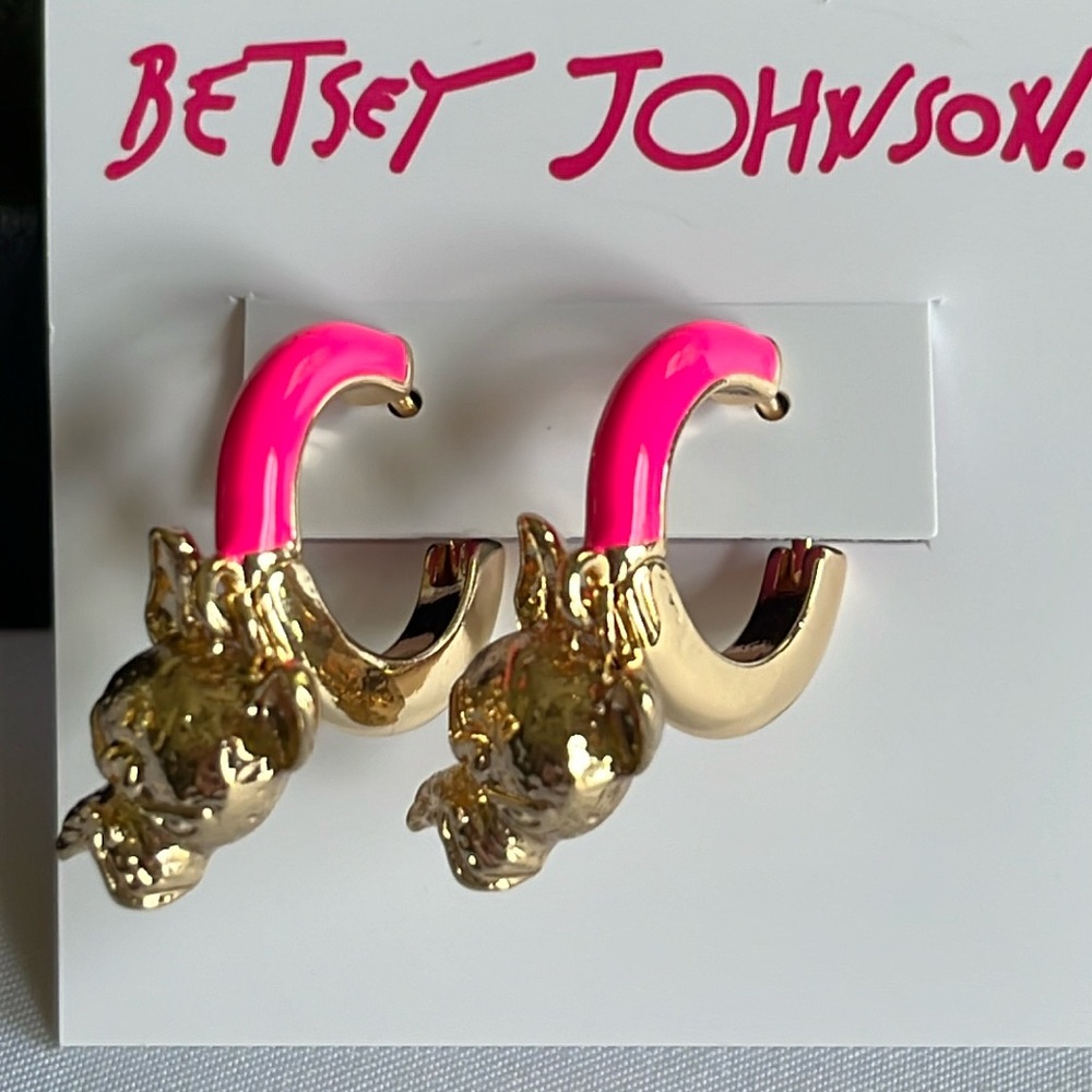 Betsey Johnson Frenchie Enamel Huggie Hoop Earrings Gold neon Pink NWT